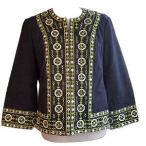 Victor Costa Occasion Navy Blue & Bright Green Sequin Embellished Cropped Jacket